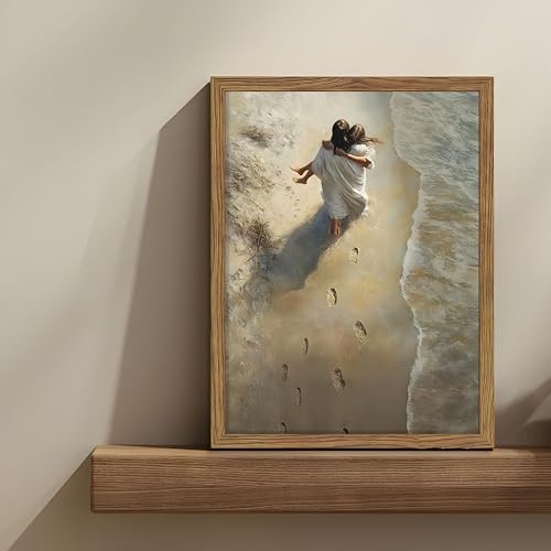 Framed He Carried Me Wall Art, Jesus on the Beach Canvas Art Print, Jesus Portrait Painting, Footprints in the Sand Picture Artwork, Christian Wall Decor for Church Prayer Room 12x16 inch - color: Jesus Walked by the Sea, size: 16"L x 12"W