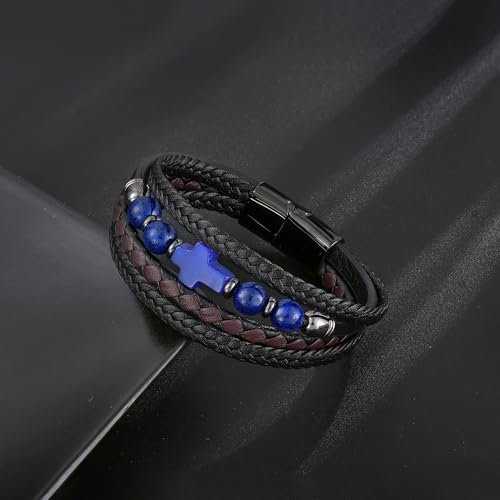 Men's Leather & Lapis/Onyx/Turquoise/Tiger Eye Cross Bracelet - Braided Christian Jewelry for Men, 8.3" & 9.1" Sizes - color: Lapis Lazuli, size: 8.3in(Fits most wrists; Recommend!)