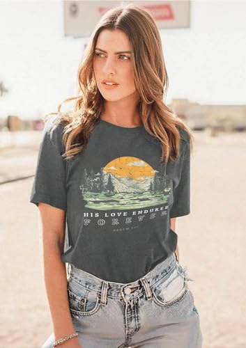 Christian Shirts for Women:Bible Verse T-Shirts Jesus God Faith Floral Graphic Vintage Boho Tees Short Sleeve Tops - color: Darkgrey Mountain, size: X-Large