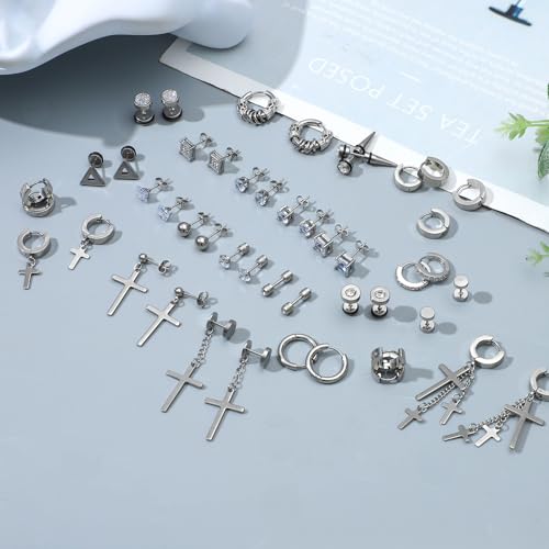 NEWITIN 24 Pairs Stainless Steel Earrings for Men Hypoallergenic Inlaid Cubic Zirconia Studs Hoop Earring Cross Dangle Earrings Unisex Punk Stud Earring for Women Men - color: Different Silver