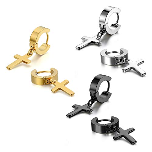 Stainless Steel Cross Earrings Set for Men Women Dangle Hinged Men Women Earrings Silver Gold Black - color: 3 Pairs (Black+Silver+Gold)