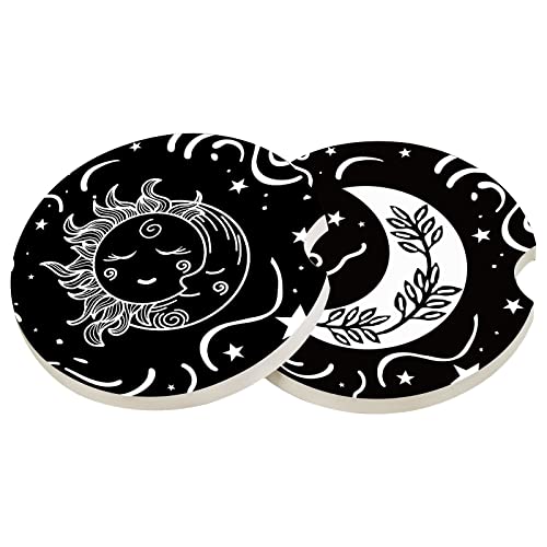 2.56" Small Absorbent Car Coasters (2-Pack) - Ceramic Cup Holder Coasters for Cars, Anti-Slip & Spill-Proof - Keep Cupholders Clean & Dry - color: Sun and Moon