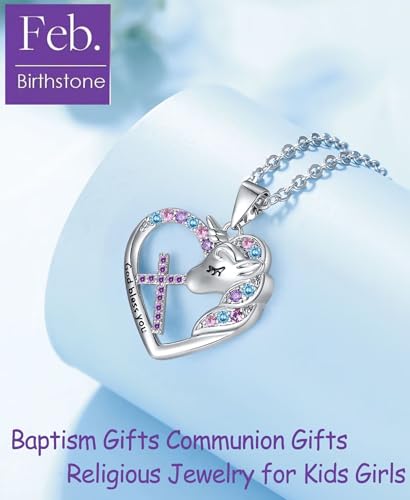 Easter Confirmation First Communion Baptism Gifts for Girls,Cross Birthstone Unicorn Necklaces for Daughter Granddaughter Niece Sister Christian Religious Gifts 16+3 Inches - color: 02.February