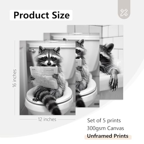 Bathroom Raccoon Decor Wall Art Funny Toilet Animal Canvas Pictures Black And White Raccoon Wall Art Modern Farmhouse Poster Cute Animals Funny Rustic Prints for Bathroom 12x16x5 Inch Unframed - color: Raccoon Prints, size: 12x16 Inch Unframed