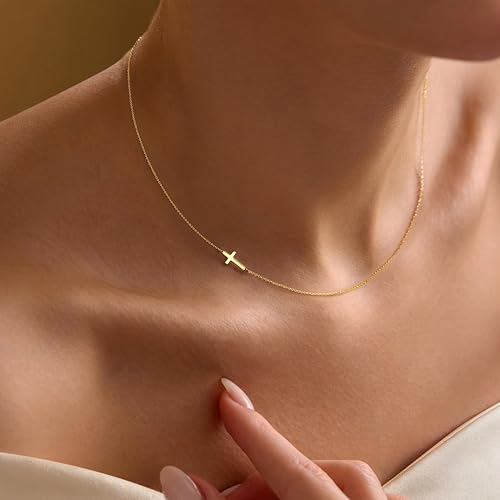 Sideway Dainty Cross Necklace for Women Girls, 14K Gold Plated Waterproof Small Cross Choker Necklace Simple Minimalist Pendant, Trendy Cute Religious Faith Baptism Confirmation Gifts for Girls Jewelry - color: Gold-Sideway Cross-01