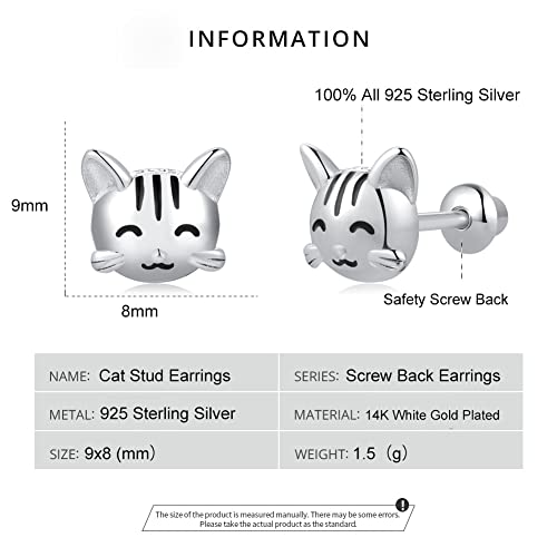 Butterfly Ladybug Unicorn Sloth Flamingo Dog Cat Turtle Angel Koala Daisy Panda Stud Earrings for Girls Women - Sterling Silver Hypoallergenic Animal Earrings with Secure Screw Backs - color: A4-Cat