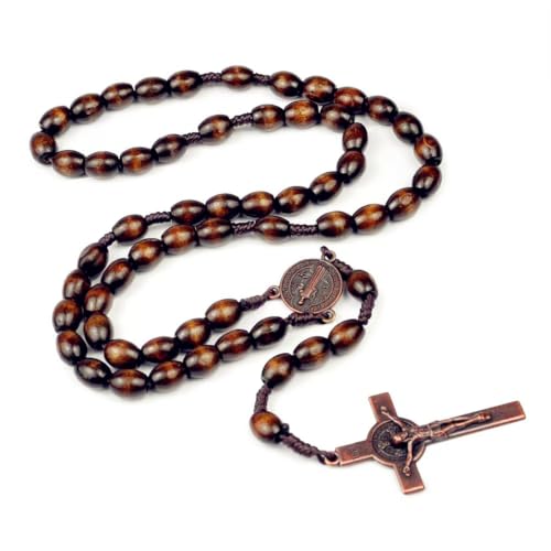 Natural Wood Beaded Cross Rosary Necklace Boho Handmade 8MM Wooden Beads with Jesus Cross Lightweight Rope Necklace for Men Women Religious Christian Prayer Fashion Jewelry Gifts - color: Brown oval