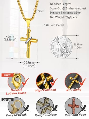 FaithHeart Stainless Steel Cross Necklace for Men, Silver/Black/Gold Cross Chains for Men Religious Amulet Necklaces Christian Gifts for Dad - style: Wrap Cross-Gold