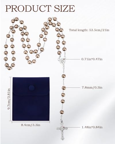 Rosary Beads for Women - Catholic Rosary Beads with Cross, Pink Crystal Rosary Necklace with Velvet Pouch, Religious Gifts for Women - color: Brown