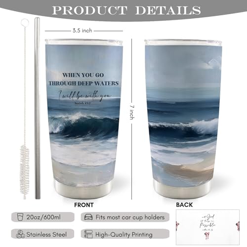 Christian Coastal Beach 20oz Travel Coffee Mug Tumbler, Gifts for Beach Lovers, Bible Verse Ocean Waves Seascape Religious Stainless Steel Tumbler with Lid and Straw - color: Deepwater
