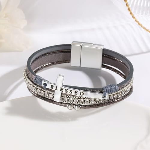 LINGYUAN Cross Bracelet for Women, Leather Religious Christian Jewelry - color: Gray