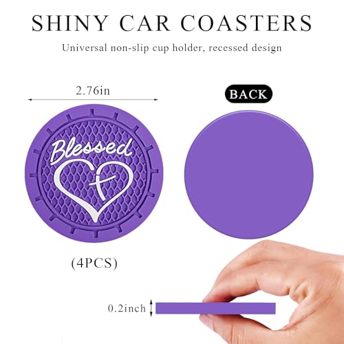 KVAEY 2 PCS Car Cup Holder Coasters, 2.76 Inch Anti Slip Vehicle Drink Mats with Cute Blessed Cross and Heart, Shockproof, Universal Car Accessories (Purple, 4 PCS) - color: Purple, size: 4 PCS
