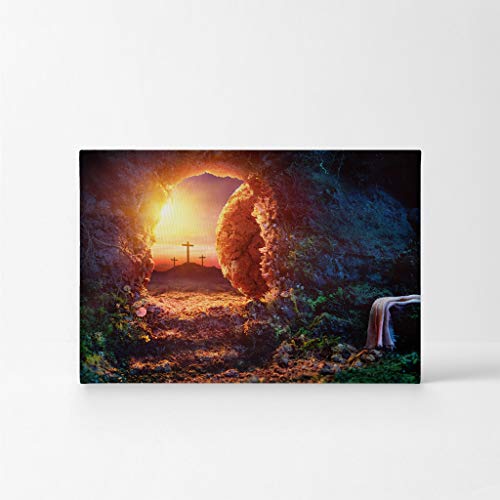 Smile Art Design Christianity Canvas Wall Art Crucifixion At Sunrise Empty Tomb With Shroud Resurrection Of Jesus Christ Religious Living Room Bedroom Office Christian Gift Ready to Hang - 19x28 - color: Christian Canvas Wall Art H32, size: 28"L x 19"W