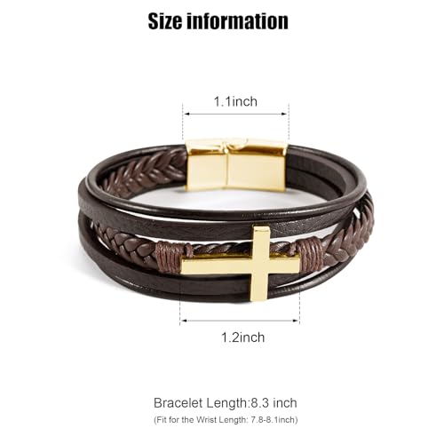 Leather Bracelet for Men Braided Stainless Steel Mens Bracelets - color: Brown-GoldCross