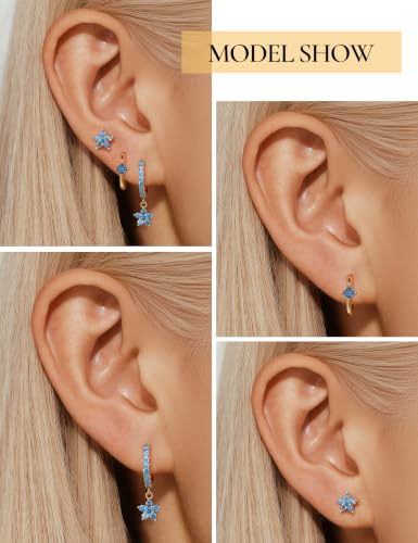 Angelady Gold Hoop Earrings Set for Women, Dainty 14K Gold Plated Flower Moon Cross Dangle Earrings, Hypoallergenic Huggie Hoop Earring Stacks, Stud Earrings for Women Trendy Jewelry Gift - color: Gold Blue CZ