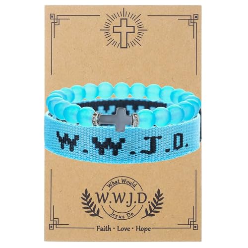 WWJD Bracelets Set WWJD Wristbands Christian Cross Bracelet Stackable Clay Bead Bracelets Stretch Glass Beaded Inspirational Christian Jewelry Gift for Couples Women Men - color: 2 Pcs Blue