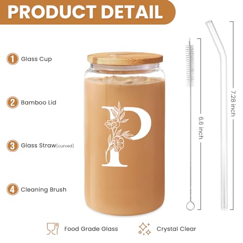 SANDJEST Monogrammed Gifts for Women - Monogram P Initial Glass Cup 16 Oz Can Coffee Cups with Lid and Straw - Monogram Initials Gifts for Womens on Birthday - color: Initial P
