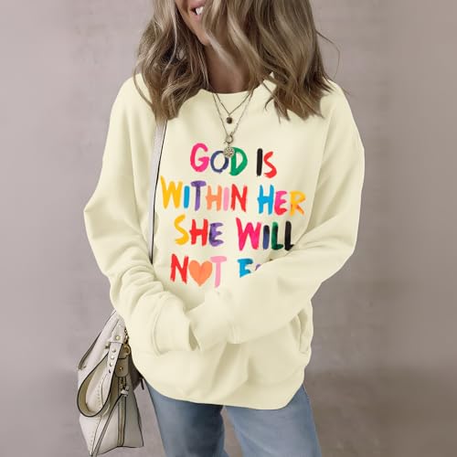 Wrenpies Christian God Is Within Her Sweatshirts for Women Jesus Faith Bible Verse Shirts Inspirational Hoodie Pullover Tops - color: Apricot, size: X-Large