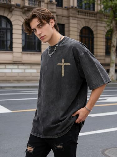 Christian Shirt for Men Jesus Loves You Shirt Oversized Acid Wash Tops - color: Darkgrey-b, size: Large