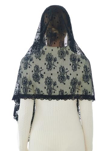 Wgior Catholic Chapel Veil – Floral Mantilla Head Covering for Church, Prayer, and Modesty – Soft Rectangular Shawl - color: Black