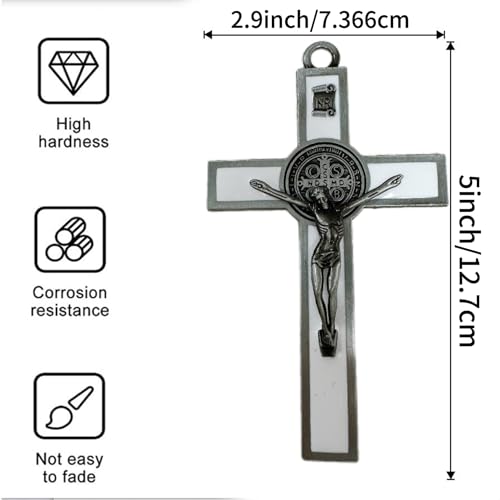 BONITTER Antique Silver Crucifix Wall Cross-St. Benedict Metal Wall Art-5.0 InchX2.7 Inch Black White Brown Enamel Give Blessing and The Spiritual Sacred:Faith Gift for your Acquaintances (White) - color: White