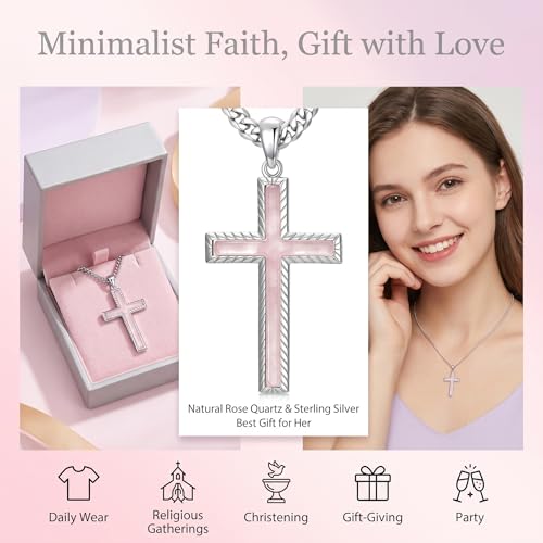 MRENITE Silver Natural Stone Cross Necklace, Classic Latin Cross Pendant Necklace for Unisex Women Man, Vintage Crystal Quartz Cross Necklace with 20+2 Inches Adjustable Cuban Chain - style: Rose Quartz