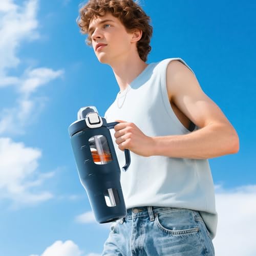 32oz Glass Tumbler with Straw Handle, Reusable Iced Coffee Cup, Navy Blue - color: Navy Blue