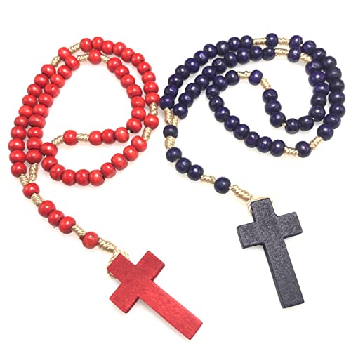 COLORFUL BLING Natural Wooden Catholic Rosaries Wood Crucifix Prayer Beads Pendant Necklace Prayer Jesus Religious Cross Rosary Necklace Handmade Jewelry - color: red pure