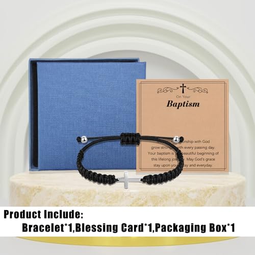 Baptism Gifts for Boys,Braided Rope Cross Bracelet Gift for Kids,First Holy Communion Gifts for Boys Christian Christening Graduation - color: Silver cross black rope-baptism