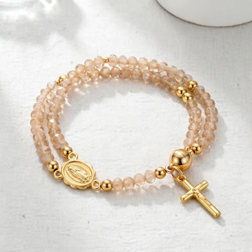 Cross Rosary Bracelet for Women Handcrafted Crystal Virgin Mary Cross Beaded Bracelets Christian Faith Link Bracelets Crucifix Religious Christian Faith Jewelry - color: Khaki