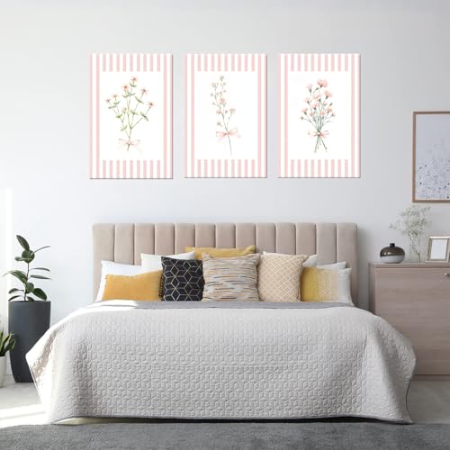 DAXINGJ Pink Botanical Wall Decor Set of 3, Preppy Canvas Art with Bows - color: pink flowers, size: 16"L x 12"W