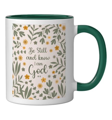 Be Still & Know That I Am God Psalm Bible Verse Floral Women Ceramic Mug, Dark Green/White, 11oz - color: Dark Green/White, size: 11 Ounces