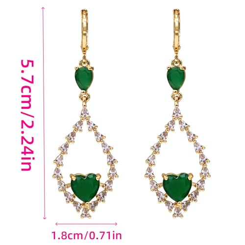 18K Gold Plated, Dangle Earrings for Women, Flower/Heart Drop earrings, Hypoallergenic Cubic Zirconia Earrings, Lightweight, Party, gold earrings, Jewelry for Gifts, Fashion - style: 7508-Green