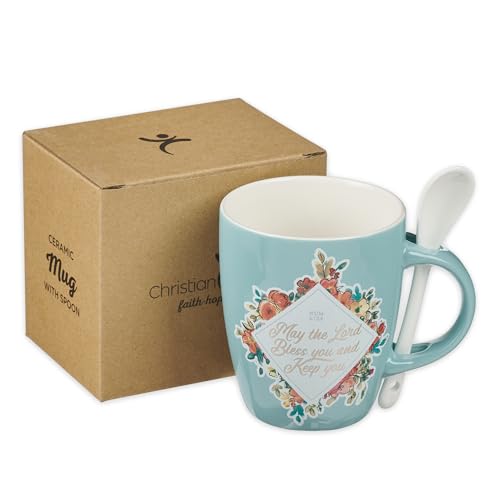 Christian Art Gifts Scripture Coffee and Tea Mug with Ceramic Spoon Set - color: Bless You/Teal