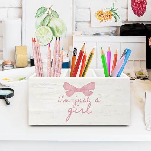 Pink Coquette Bow Preppy Pen Pencil Holder Organizer for Desk, Preppy Desk Decor, I'm Just a Girl Pink Wooden Box Sign for Girly Room Bedroom Dorm Tabletop Decorations - color: colour 14