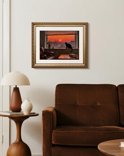 HUARCEY Vintage Gold Framed Sunset Black Cat Artwork Canvas Wall Art - color: Cat Watching, size: 16"L x 13"W