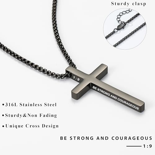 Avotto 316L Stainless Steel Bible Verse Cross Necklace Religious Jewelry Gifts for Men Boys, Silver Gold Black Mens Boys Necklace Non-Fading Sturdy Box Chain with Inspirational Cross Pendant 18+2Inch - color: Black, style: 1:9