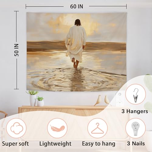 AQYIP Jesus Walking on Water Christian Tapestry, Jesus Christian Tapestry Decorative, Catholic Religious Wall Blanket Decor for Church Home Living Prayer Room Bedroom, 50x60 Inch - color: Jesus Walking on Water