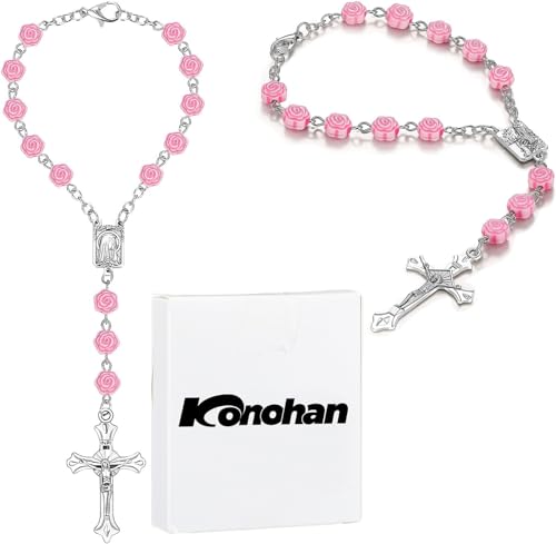 Konohan 2 Pcs Car Rosary Mirror Ornament Rose Cross,Rose,Pink - color: Pink, Rose