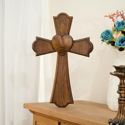 BGCarvedGrace Wooden Wall Cross with Heart Center - size: 20"L x 13"W