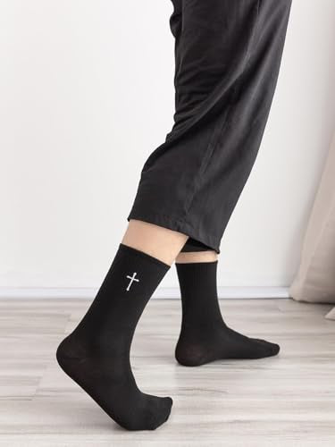 SHENHE Men's 2 Pairs Cross Print Embroidered Geo Crew Socks - color: Black and White, size: Medium