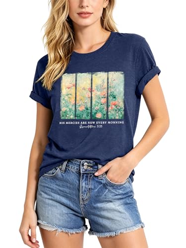 Christian Shirts for Women Floral Faith T-Shirt Bible Verse Shirts Religious T Shirts Faith Short Sleeve Tops - color: Blue1, size: Large