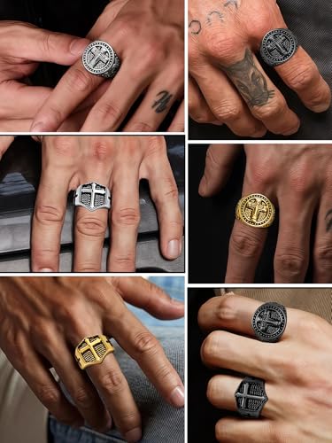 Christian Cross Rings for Men - Stainless Steel Jesus Jewelry with Celtic Knot Sides (Gold/Black/Silver) - Catholic Religious Gift, Size 7-13 - color: D-Silver-Jesus