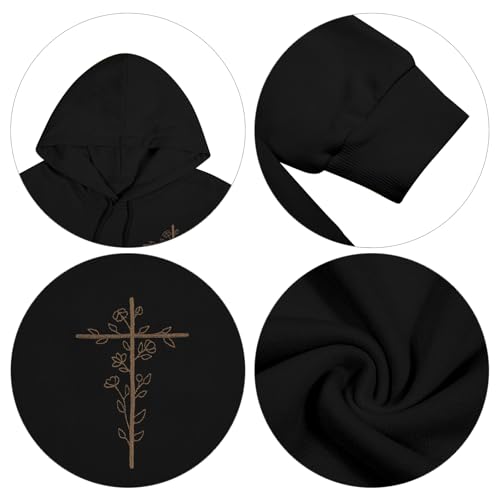 Christian Hoodies Women Jesus Hoodie Embroidered Faith Cross Sweatshirt - color: Black, size: Small