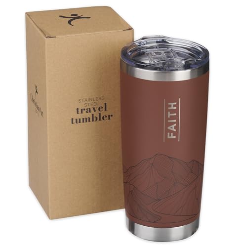 Christian Art Gifts Large Premium Stainless Steel Vacuum Sealed Insulated Travel Mug Tumbler for Men & Women: Faith Inspiring Mountain Theme, Leak-Proof Retractable Lid, All Day Hot/Cold, Brown, 18 oz - color: Brown Mountains/Faith