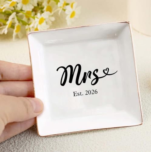 Mrs. Est 2026 Ring Dish, 4" Engagement Ceramic Jewelry Tray, Future Mrs, Bridal Shower Gift for Women, Wedding Gift for Bride, Newlywed - color: Mrs 2026