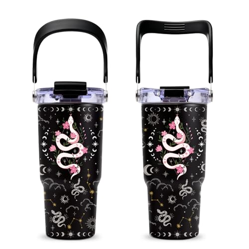 Black Gothic Pink Snake Tumbler with Top Handle and Flip Straw Lid 20oz Black Celestial Stainless Steel Insulated Travel Cups - Witchy Gifts for Women Christmas Birthday Goth Aesthetic Coffee Mugs - color: Snake01
