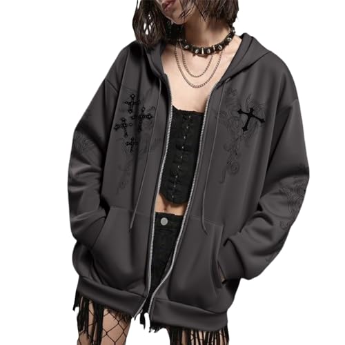 Zip Up Hoodies Y2k Jacket Graphic Gothic Jackets Grunge Cross Hoodie Baggy Streetwear Emo Sweater Aesthetic Clothes - color: Deep Gray, size: XX-Large