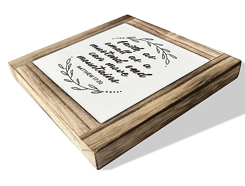 Christian Sign, Box Wood Plaques Desk Décor, Motivational Positive Quotes Wood Sign, Table Art Signs, Rustic Farmhouse Home Decor, Faith as Small as A Mustard Seed Can Move Mountains - Matthew 17:20 - color: Christian-20