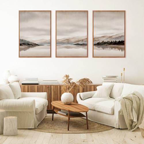 LHIUEM Abstract Mountain Brown Framed Canvas Wall Art,Neutral Watercolor Landscape Wall Decor,Minimalist Grey Beige Lake Artwork for Living Room,Bedroom,Dining Room,Office -16"x24"x3 - color: Abstract Brown Landscape Wall Art, size: 16''x24''x3